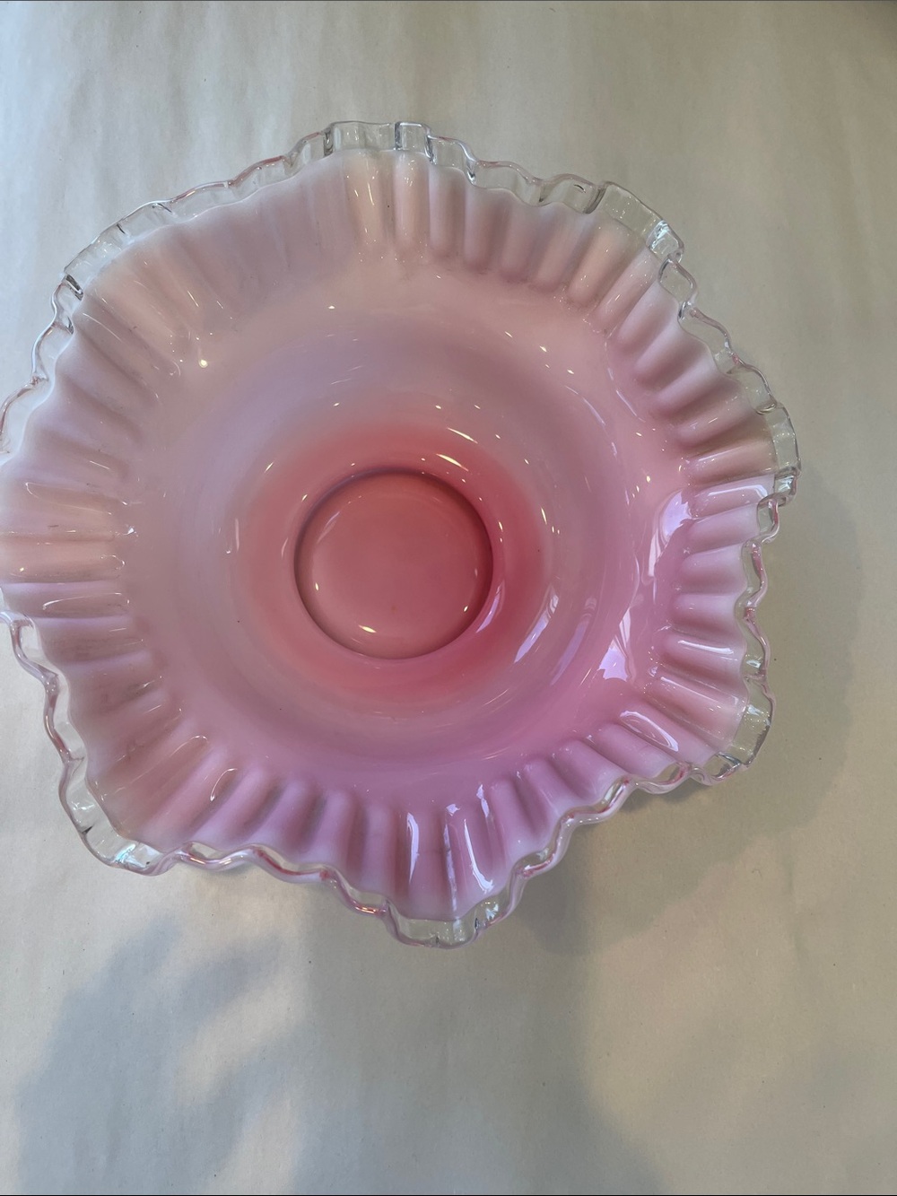Fenton Pink Blow Silver Crest 11” Brides Bowl Ruffled Pink Basket 1940s